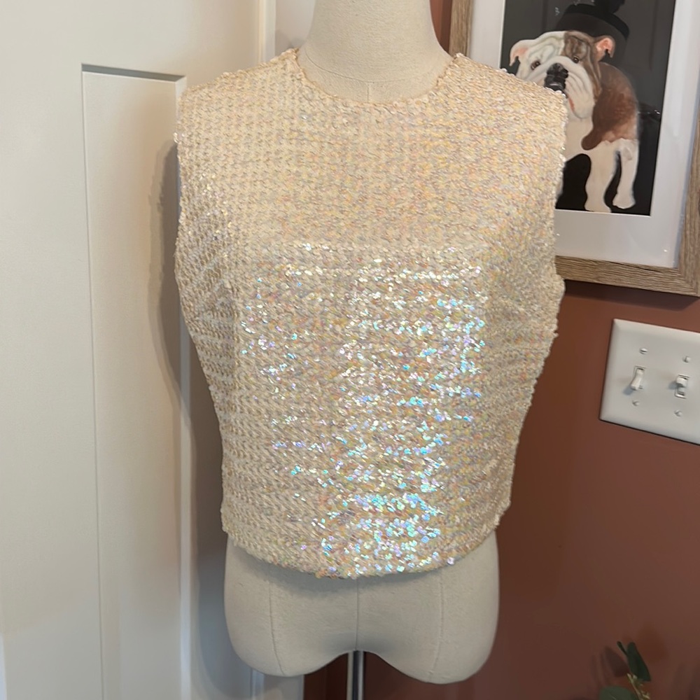 Vintage Stephen O’Grady sleeveless cream pearl iridescent M sequins crop shirt